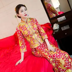 Традиционный китайский Для женщин Свадебное Платье Азиатский невесты вышивка оболочка Cheongsam Королевский брак костюм Дракон и Феникс