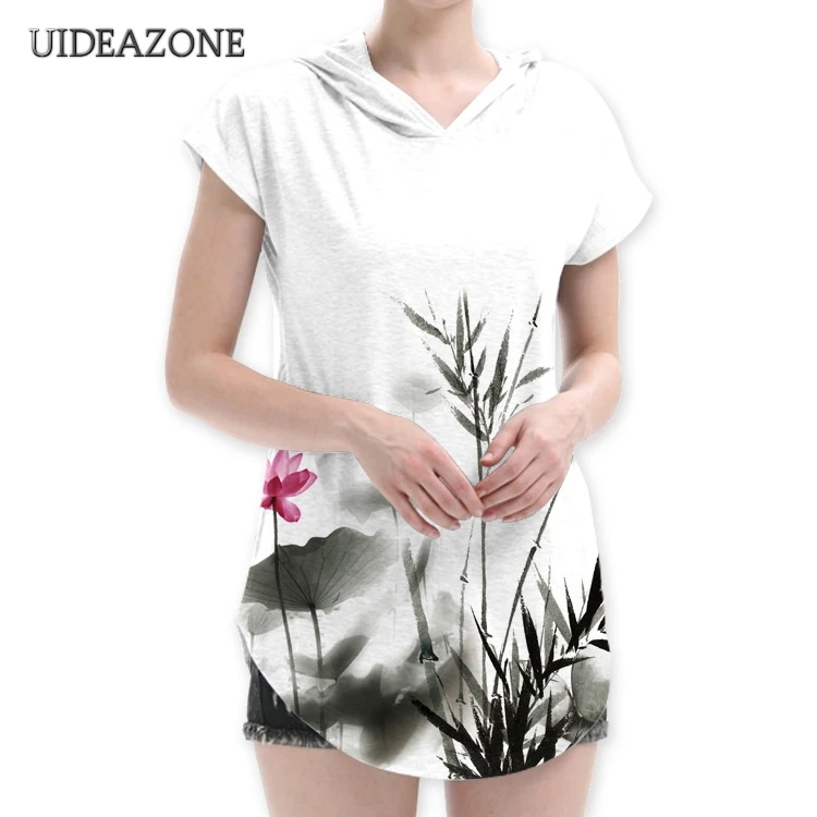 Ink Painting Hoody Shirts Women Summer Long Hooded T shirts Casual White Tee Tops Fashion