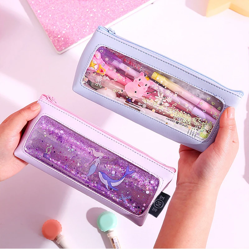 

Cute PVC Mermaid Pencil Case Colorful Transparent Quicksand Girl Pen Bag Korean Cartoon Stationery School Supply Pouch For Kid
