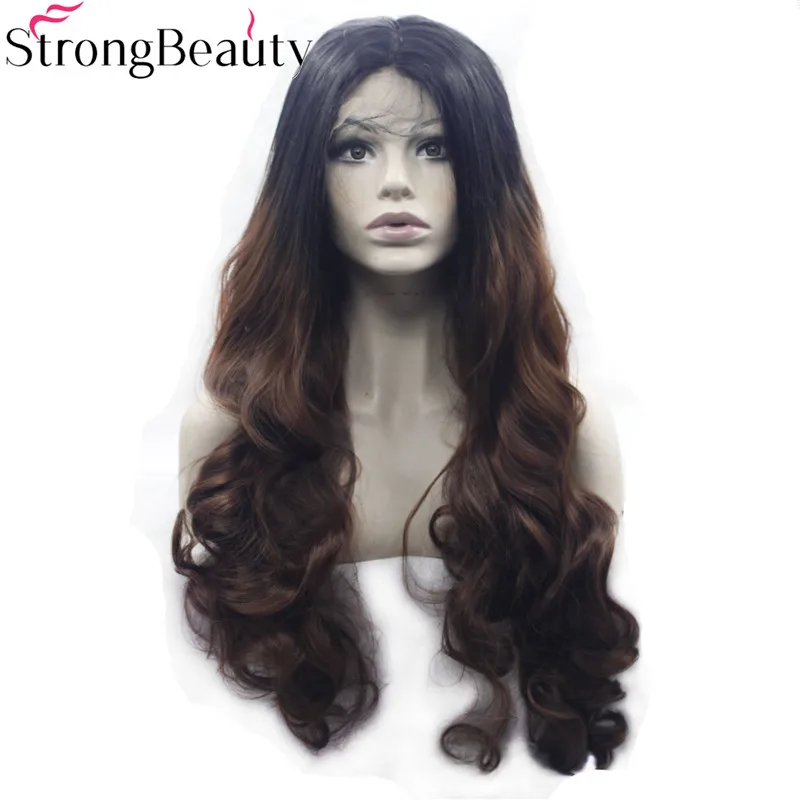 Strongbeauty длинные волнистые Blak коричневый парик Синтетические Ombre черного до Оберн