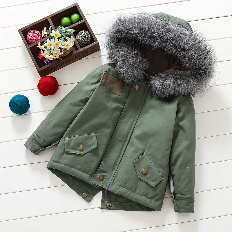 

2017 New Baby Boys Girls Winter Jacket in Army Green Thick Fur Hooded Warm Coats Kids Boy Girl Padded Winter Warm Outwear 2-7Y