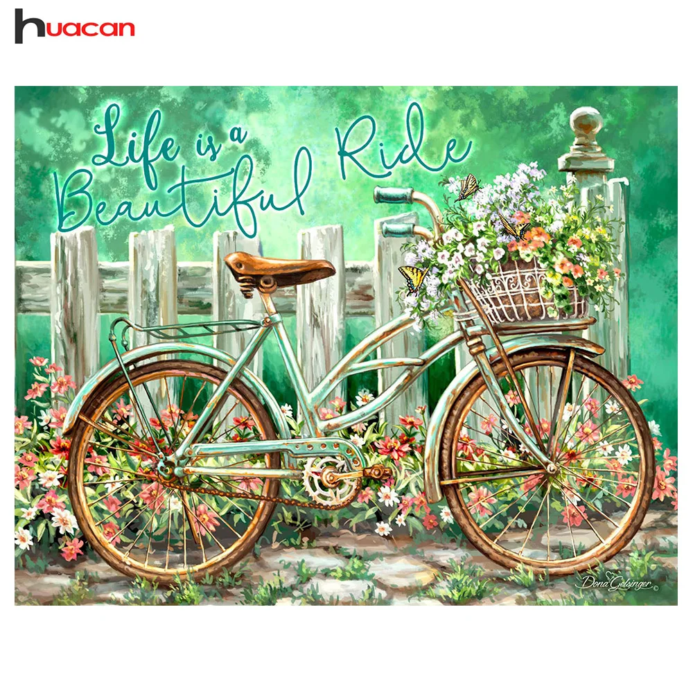 

HUACAN Diamond Embroidery Spring Landscape Diamond Painting Bicycle Full Round Mosaic Rhinestone Picture Home Decor