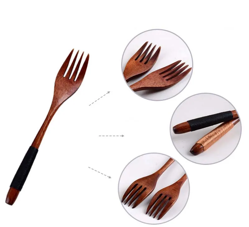 BalleenShiny 1pc Japanese Style Wooden Fruit Fork Handmade Cable Tie Handle Dessert Dining Forks Four Tooth Cutlery Tableware