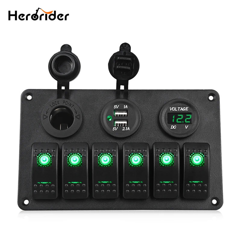 Herorider Switch Panel 5V Dual Usb Car Charger Voltmeter 6 Gang Auto Boat Marine Cigarette Lighter Blue Led Rocker Switch Panel Herorider Switch Panel 5V Dual Usb Car Charger Voltmeter 6 Gang Auto Boat Marine Cigarette Lighter Blue Led Rocker Switch Panel