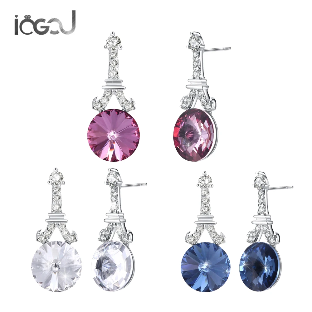 

IOGOU White /Pink /Blue Crystal From Swarovski 925 Sterling Silver Ladies Engagement Bridal Wedding Wholesales Hoop Earrings