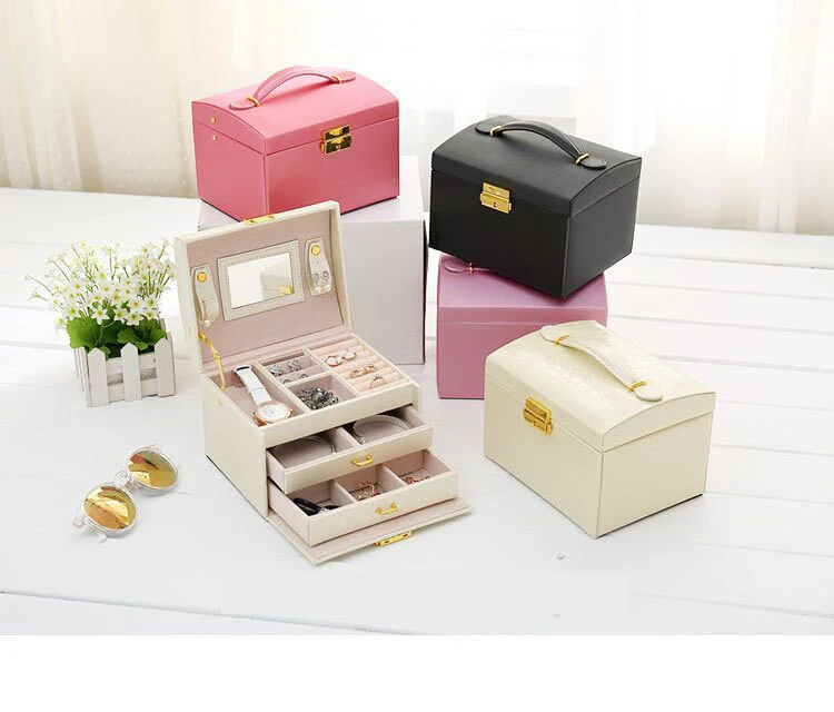 

PU leather Makeup Carrying Case jewelry box Three-tier jewelry storage box