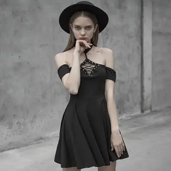 

PUNK RAVE Women's Gothic Halter Princess Cut Dress Summer Fashion Short Sleeve Pleated Dress
