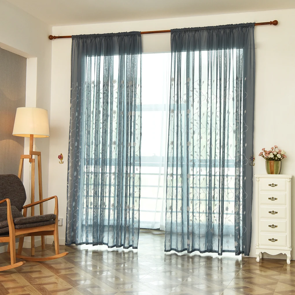 Plum Blossom Embroidered Voile Curtain Tulle Window Drapery Sheer