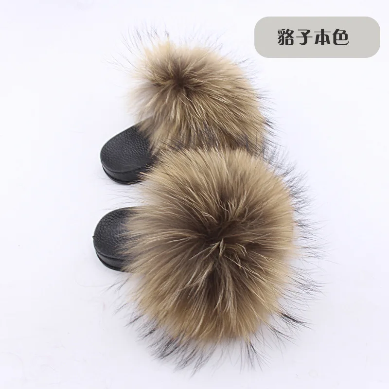 Wholesale Real Fox Slippers Kids Rainbow Neon Color Toldder Fur Child Home Slides Girls Raccoon Super Fluffy Cute Flat Summer