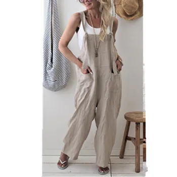 

2019 New Brand Women Casual Loose Cotton Linen Solid Pockets Jumpsuit Overalls Wide Leg Cropped Pants Romper