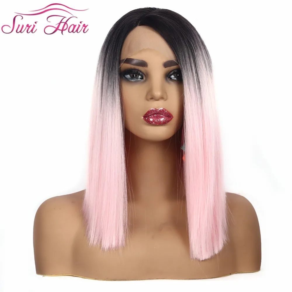 

Suri hair 12 Inch cospaly Synthetic Lace Front Wig Straight Lace Wigs For women Short Bob wig pink color side Part Ombre hair