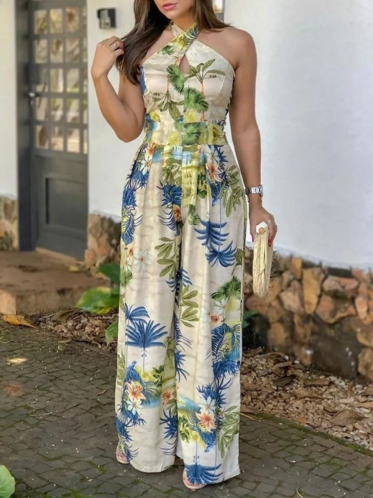

2019 Summer Women Elegant Sexy Leisure Jumpsuit Female V-Neck Vacation Casual Romper Crisscross Halter Tropical Print Jumpsuits