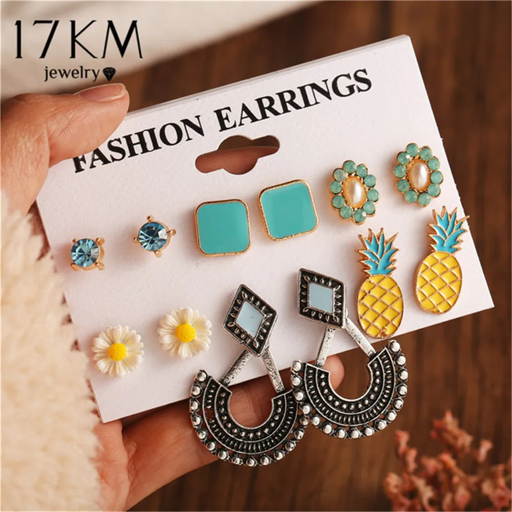 Bohemian Pineapple Flower Stud Earrings Set For Women 2020 Vintage