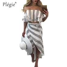 Plegie Summer Skirt Women 2 Piece Set Stripe Print Sexy Ruffles Strapless Crop Tops 2018T-shirt Irregular Long Skirt Casual Set
