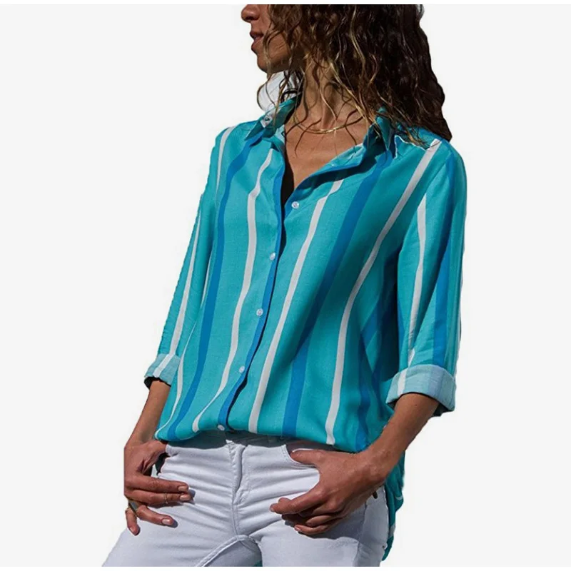 Plus Size Rainbow Striped Feminine Female Blouses Long Sleeve Turn Down Collar Button Women Shirts 2019 Fashion Loose Tops 5XL