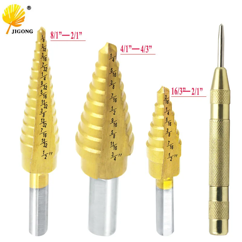 

4pcs HSS Titanium Coated Step Drill Bit for Metal/ Wood Drilling hole +Automatic Center Punch 3/16" to 1/2"six-step bit
