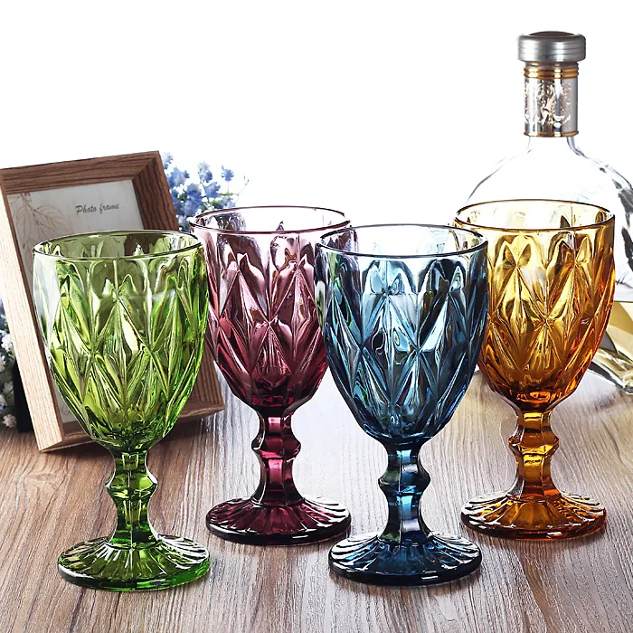 4 pcs set 330ml Multicolour relief red wine glass cup Engraved Prism assorted color footed