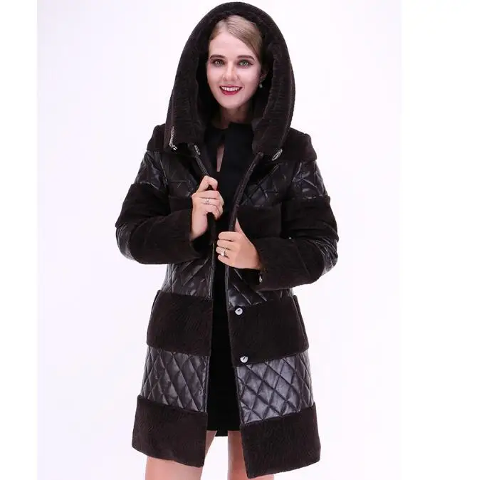 À De Longue En Veste Capuchon Femme Véritable Femmes Brown Pardessus Manteaux Chaud Naturel Moutons Cuir Gothique Fourrure D'hiver Dames Vestes v0Sqwx6S