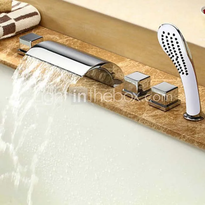 Contemporary Waterfall Tub Faucet with Hand Shower Dual Handle Mixer Tap - Chrome Finish