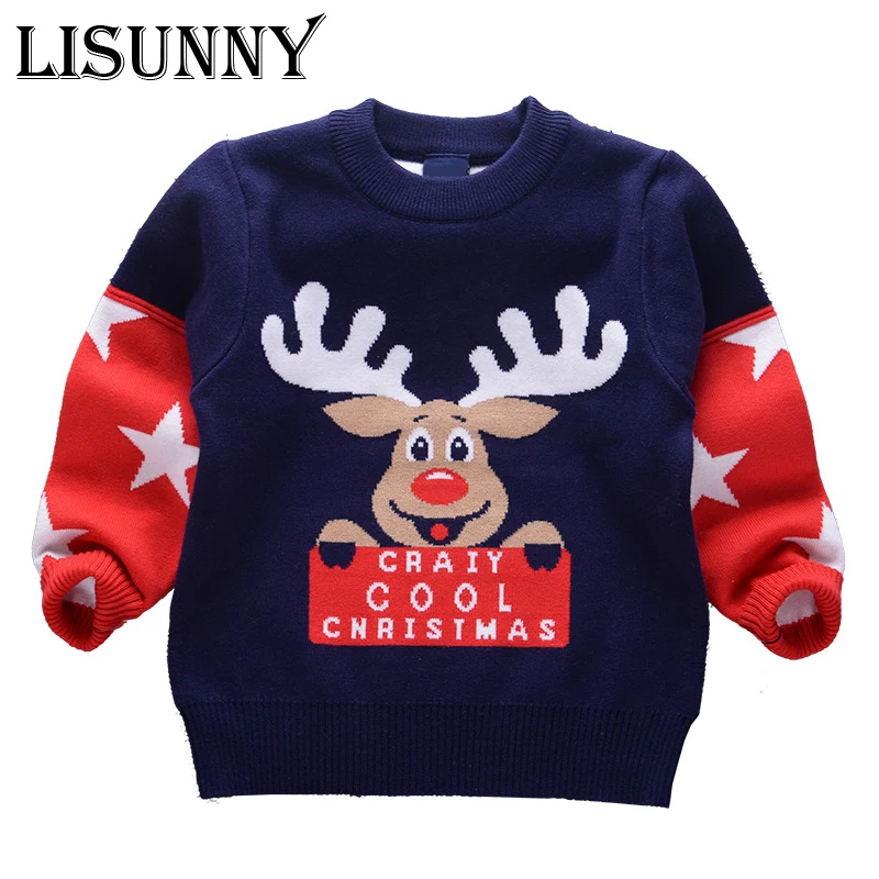 

2019 Autumn winter Christmas Cartoon deer Boys Sweater Thicken children knitted Kids Pullover clothes Jumper baby Boy sweaters