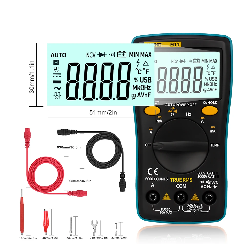 

Digital Multimeter 6000 counts Backlight AC/DC Ammeter Voltmeter Ohm Portable Meter Capacitor Transistor Battery Tester M11