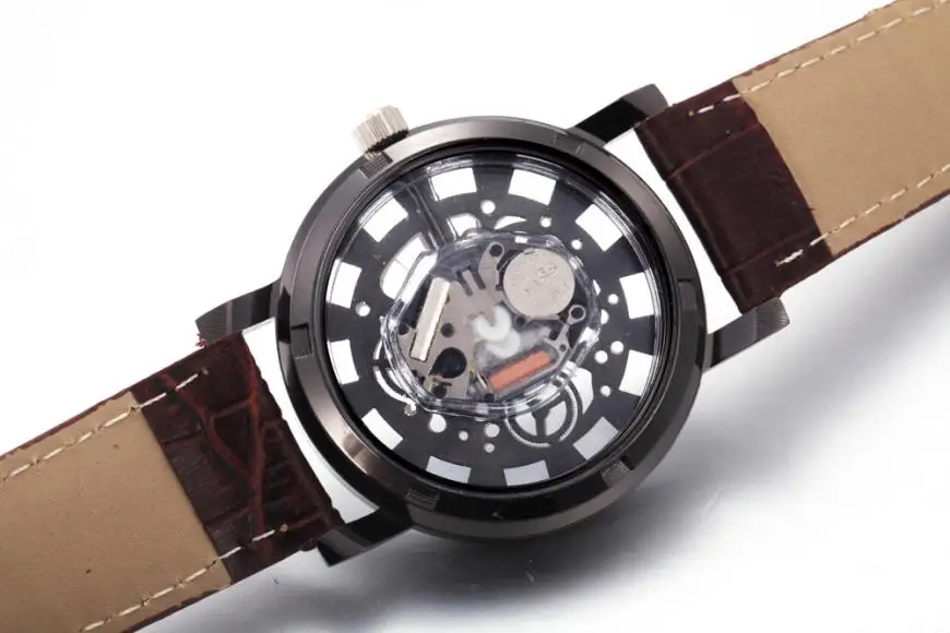 Timezone#501 модные деловые часы со скелетом, Мужские кварцевые наручные часы с гравировкой и полым ремешком, женские часы с кожаным ремешком