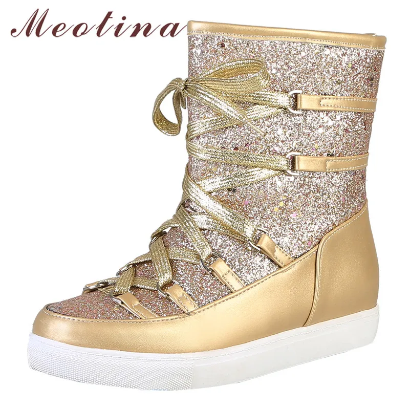 

Meotina Winter Snow Boots Women Boots Warm Plush Flat Ankle Boots Glitter Lace Up Round Toe Short Shoes Lady Gold Big Size 33-43