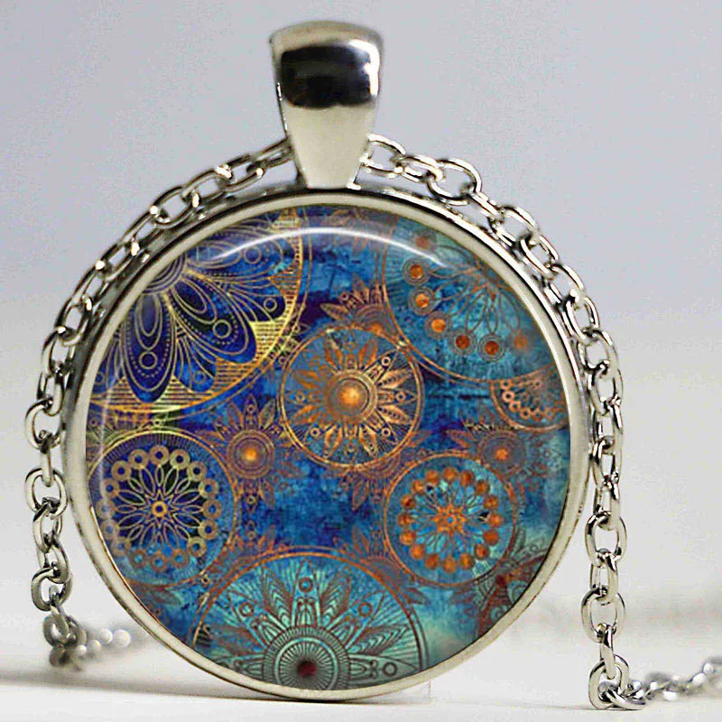 Mandala Pendant Blue Mandala Pendant Necklace Antique Bronze plated chain pendant Spiritual Healing Yoga Jewelry