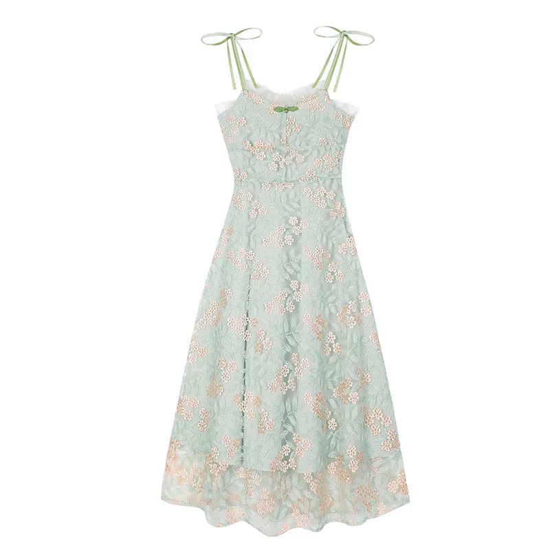 PERHAPS U green mesh lace floral print strap sleeveless dress midi sundress elegant D1002