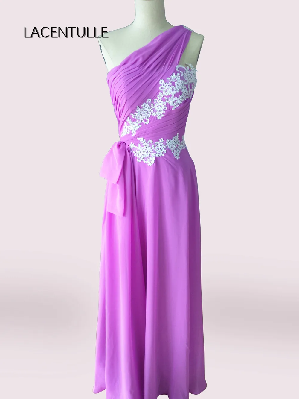 

One Shoulder Lavender Pleated Formal Occasion Dress Custom Made Long Bridesmaid Dress with Appliques