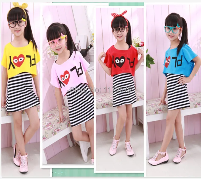 

3 4 5 6 ages Cartoon children clothing set 2 pcs girl's tops shirts + striped dress whole suits outfits 3 4 5 6 8 ages