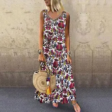 Vestido largo mujer verano 2019 Vintage estampado Folk cuello pico maxivestido sin mangas de talla grande bohemio suelto algodón Lino Vestidos