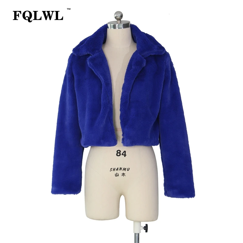 FQLWL Fluffy Faux Fur Coats Women Solid Furry Teddy Turn Down Collar Cropped Jacket Fur Female Overcoat Winter Warm Outerwear - Цвет: Синий