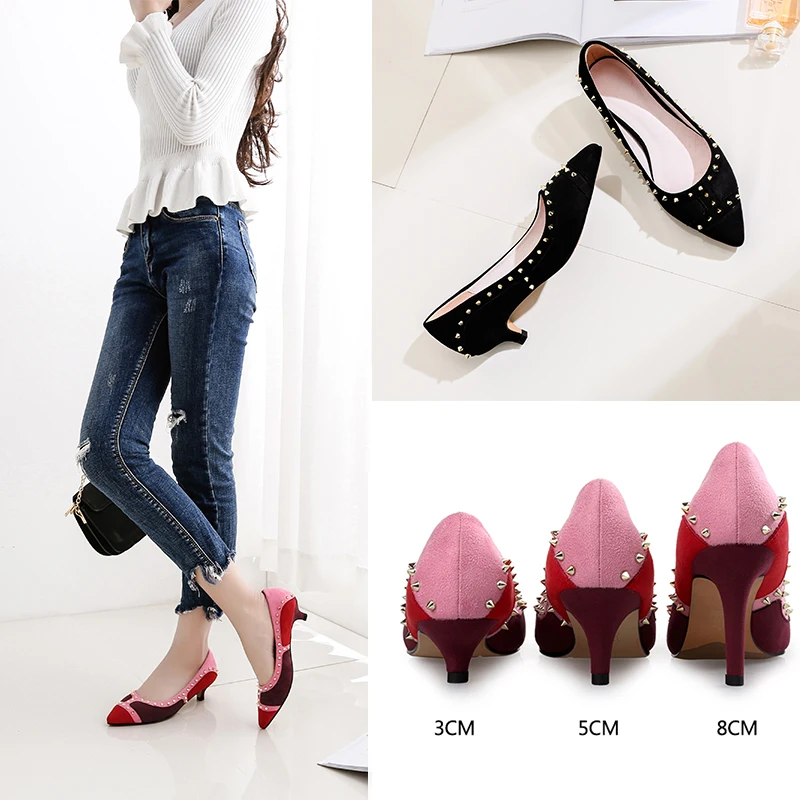 Европейские размеры 30-44; тонкие туфли с острым носком на высоком каблуке; модные туфли-лодочки с заклепками; цвет розовый, черный; Свадебная обувь для женщин