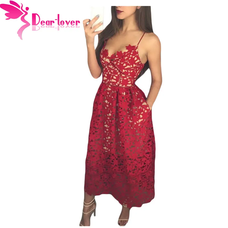 Dear Lover Party Dresses Womens Elegant Sexy spaghetti strap Lace Hollow Out Nude Illusion Mid-Calf Dress Vestido de Renda 61636