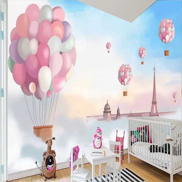 Cartoon Hand Painted Mural Sky White Clouds Balloon Childrens Cartoon Hand Painted Mural Sky White Clouds Balloon Childrens Room Bedside Background Wall