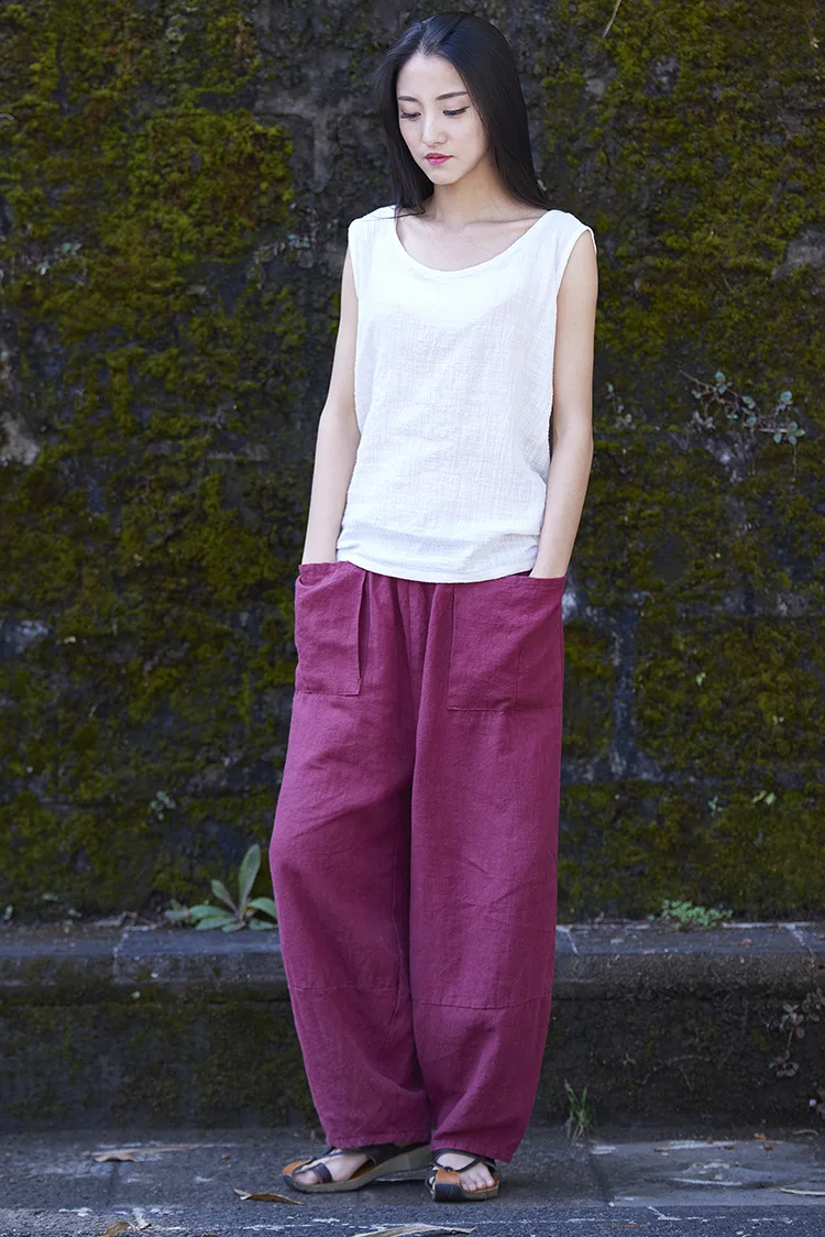 LZJN Baggy Pantalon Women Loose Ankle length Pants Linen Wide Leg Ladies Casual Sand Wash Summer Cool Baggy Trousers with Pocket (35)