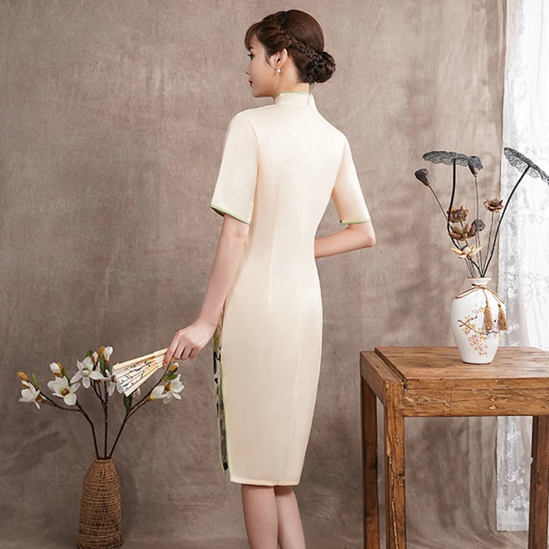 Мода г. по колено Cheongsam китайский стиль воротник стойка платье женские летнее платье Ципао Тонкий платья для вечеринок Vestido S до 3XL
