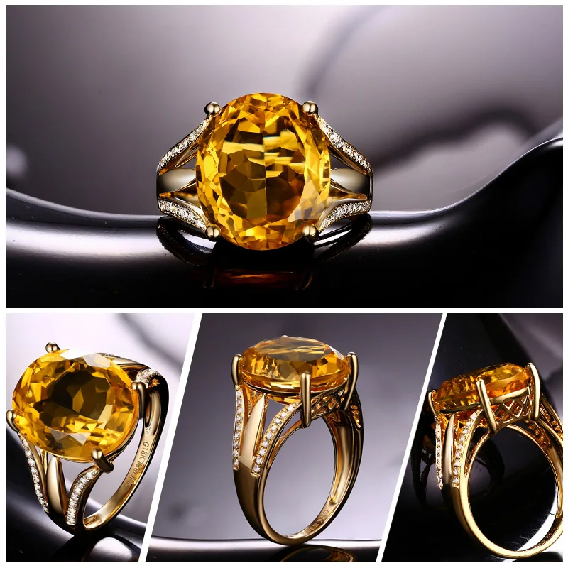 Caimao Jewelry 10.64ct Natural Citrine & 0.16ct Diamonds 14k Yellow Gold Ring