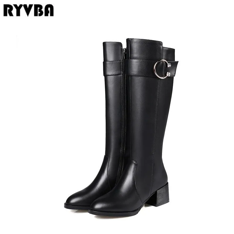 

RYVBA 2018 women genuine leather thigh high boots womens winter knee high boots black square heels woman pointed toe shoes