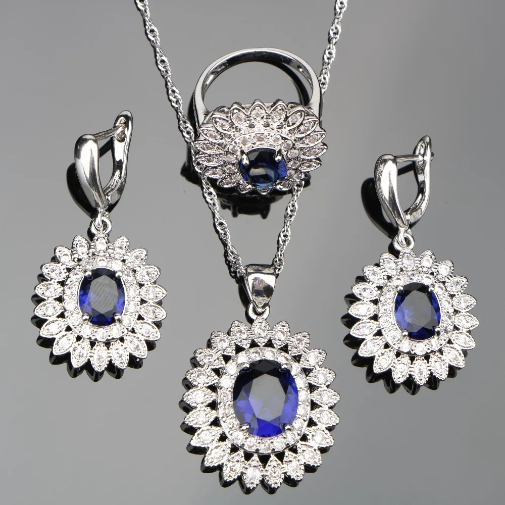 Blue Zircon Silver 925 Bridal Jewelry Sets Costume Women Necklaces ...