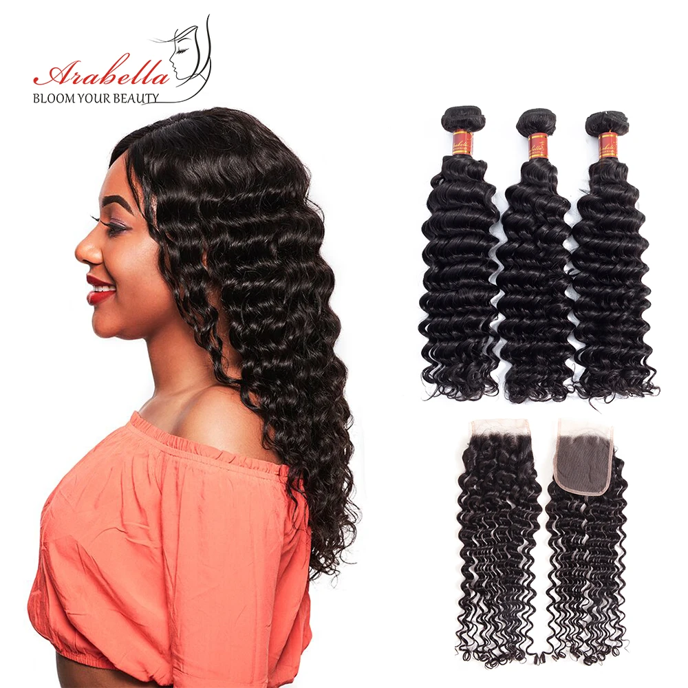 Brazilian Deep Wave Bundles With Closure Arabella Natural Color Remy