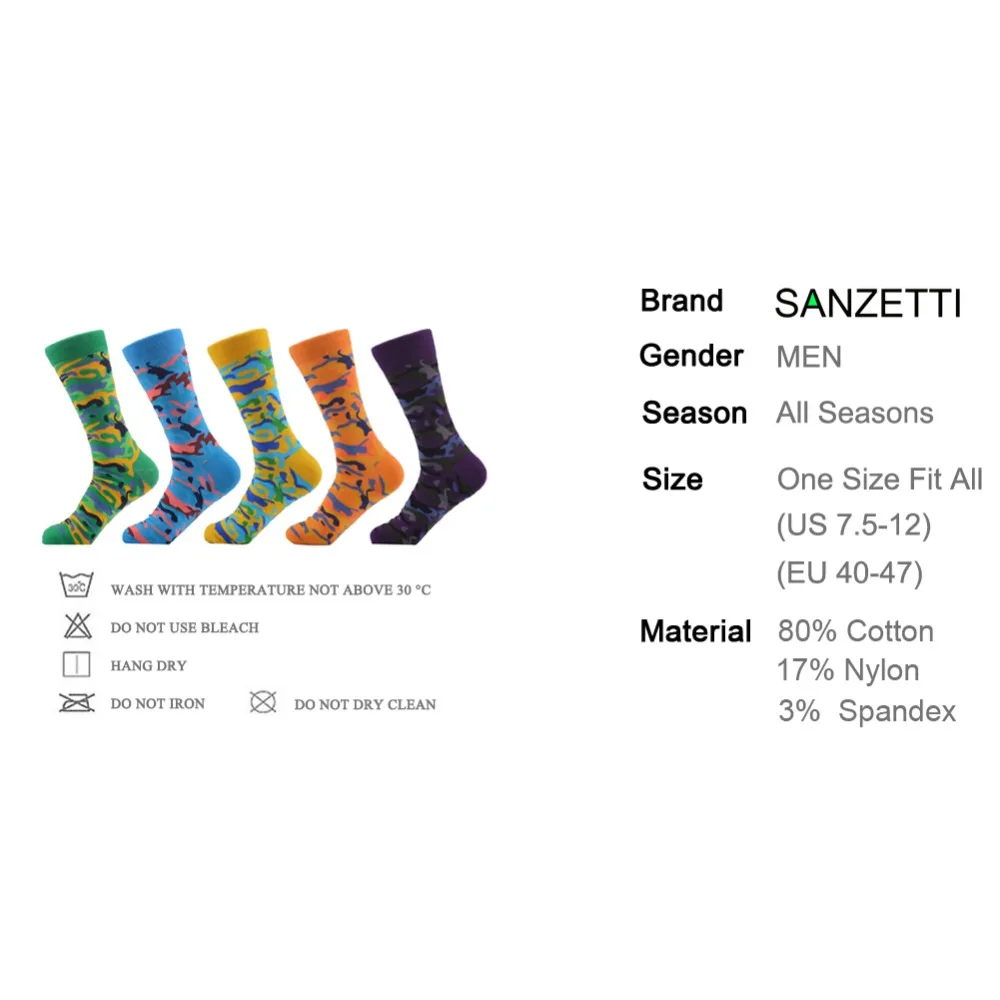 SANZETTI 5 paare/los Neuheit männer Gekämmte Baumwolle Socken Bunte Camouflage Muster Lustige Casual Kleid Crew Socken UNS 7,5- 12