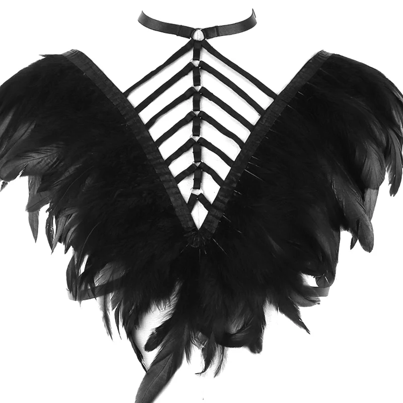 Ангельские крылья с перьями для женщин сжигающий человек настроить ремни-крепления на грудь клетка сексуальный черный Свадебный Бюстгальтер Вечерние танцевальная одежда в стиле рейв Хэллоуин