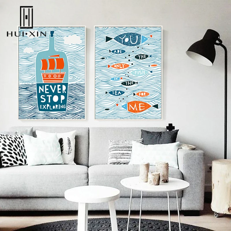 

Animation Cartoon Blue Fancy Dream Inspirational Letter Poster Floating Bottle Swimming Fish HD Oil Canvas Printing Best Gifts