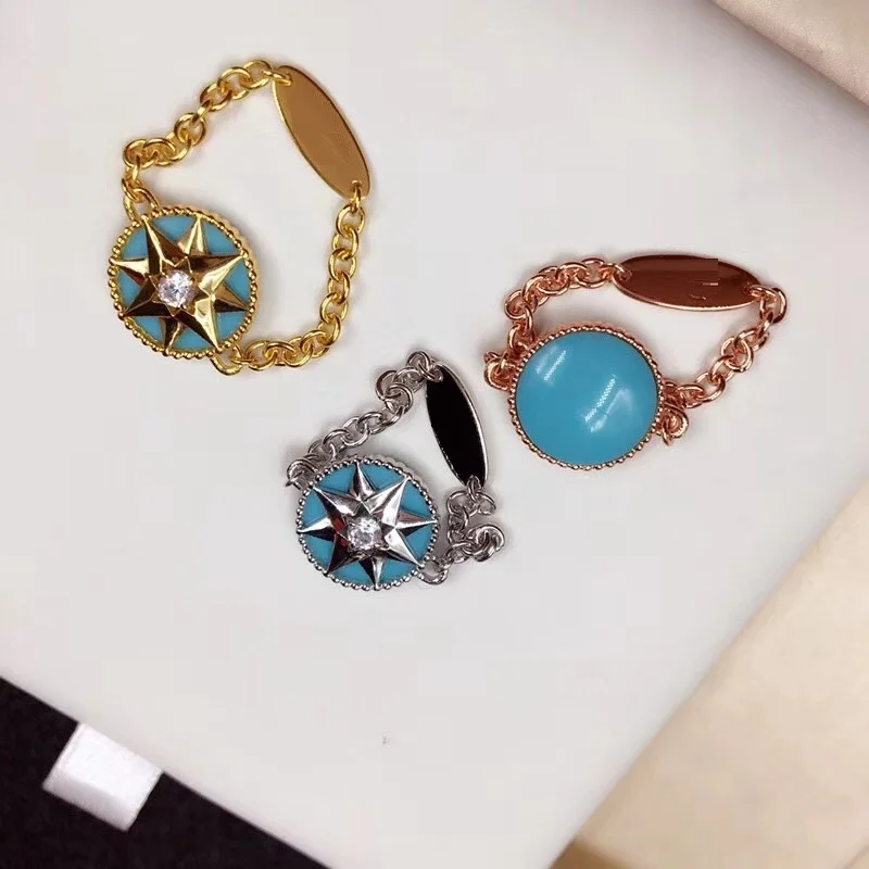 

XF Zircon Blue Crystal Star Chain Ring 925 Sterling Silver Turquoise Stone Rose Compass Cuff Ring Women Wedding Vents Jewelry