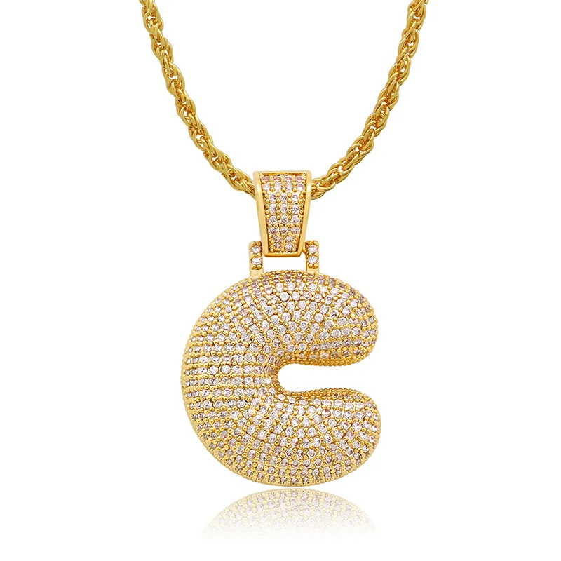 

Lucky Sonny Bubble Letter C White Zircon Paved Initial Necklaces & Pendants Gold Silver Color Rope Chain Charm Hip Hop Jewelry