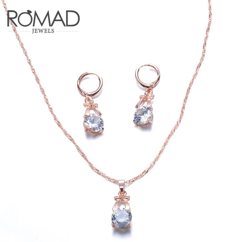 

ROXI ROMAD Brand 2pcs Rose Gold Color Austrian Crystal Dangle Earrings Pendant Necklace For Women Wedding Jewelry Set Party Gift