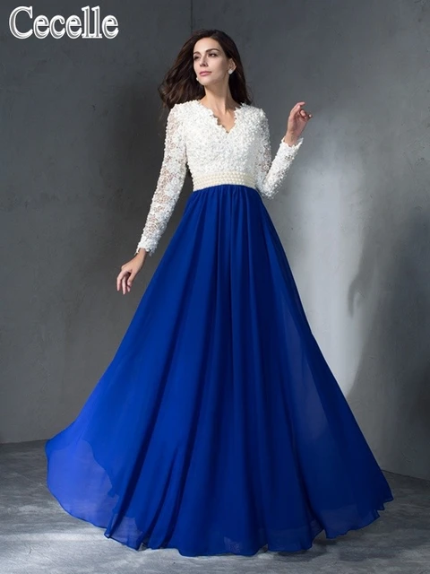 2019 Royal Blue  White  Lace Chiffon Modest Prom  Dresses  