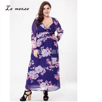 

Plus Size 2020 Women Autumn Elegant Chiffon Print Maxi Dress Vintage Casual Sexy Floral Dress